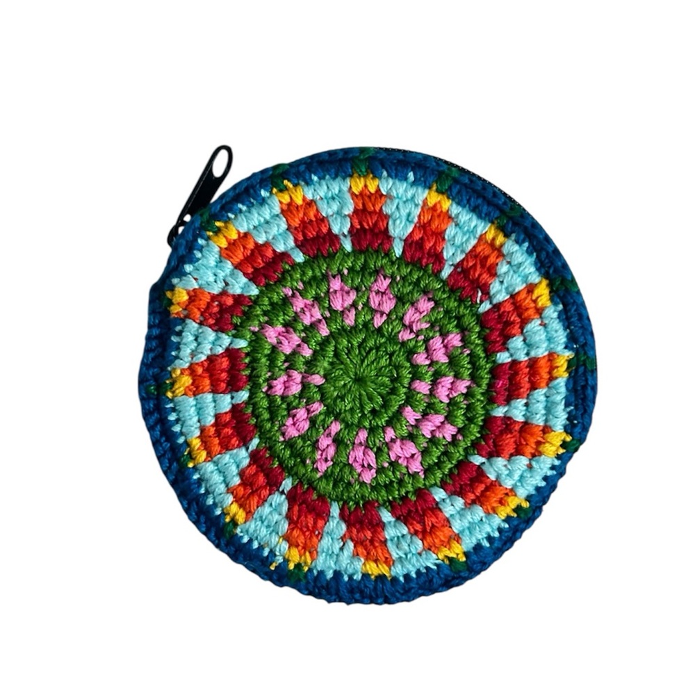 Hand Crafted Crocheted Colorful Round Sunburst Design Zipper Change Pouch Purse - Picture 3 of 9